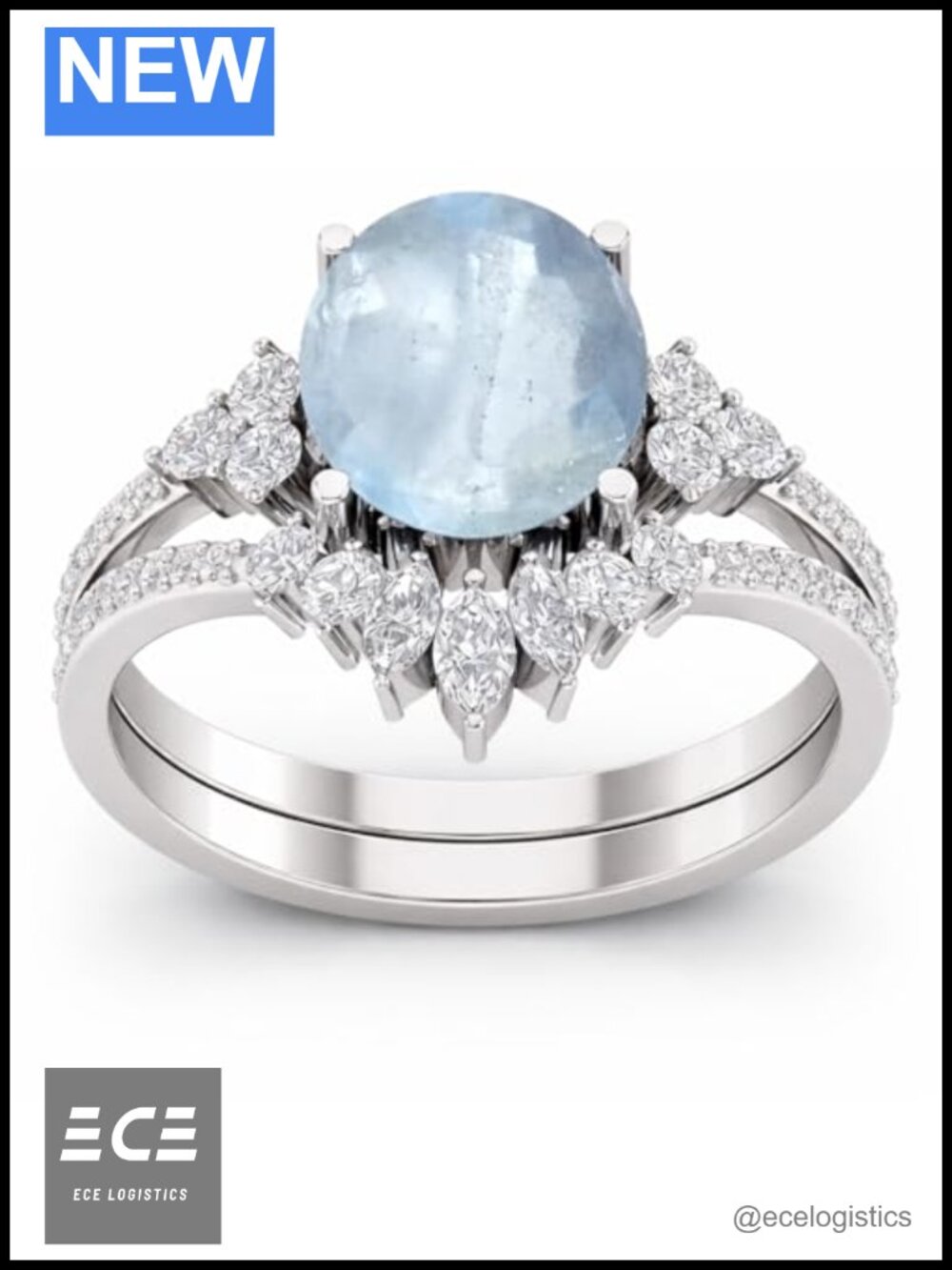 Aquamarine Sterling Silver Halo Promise Ring Handmade Oval Birthstone